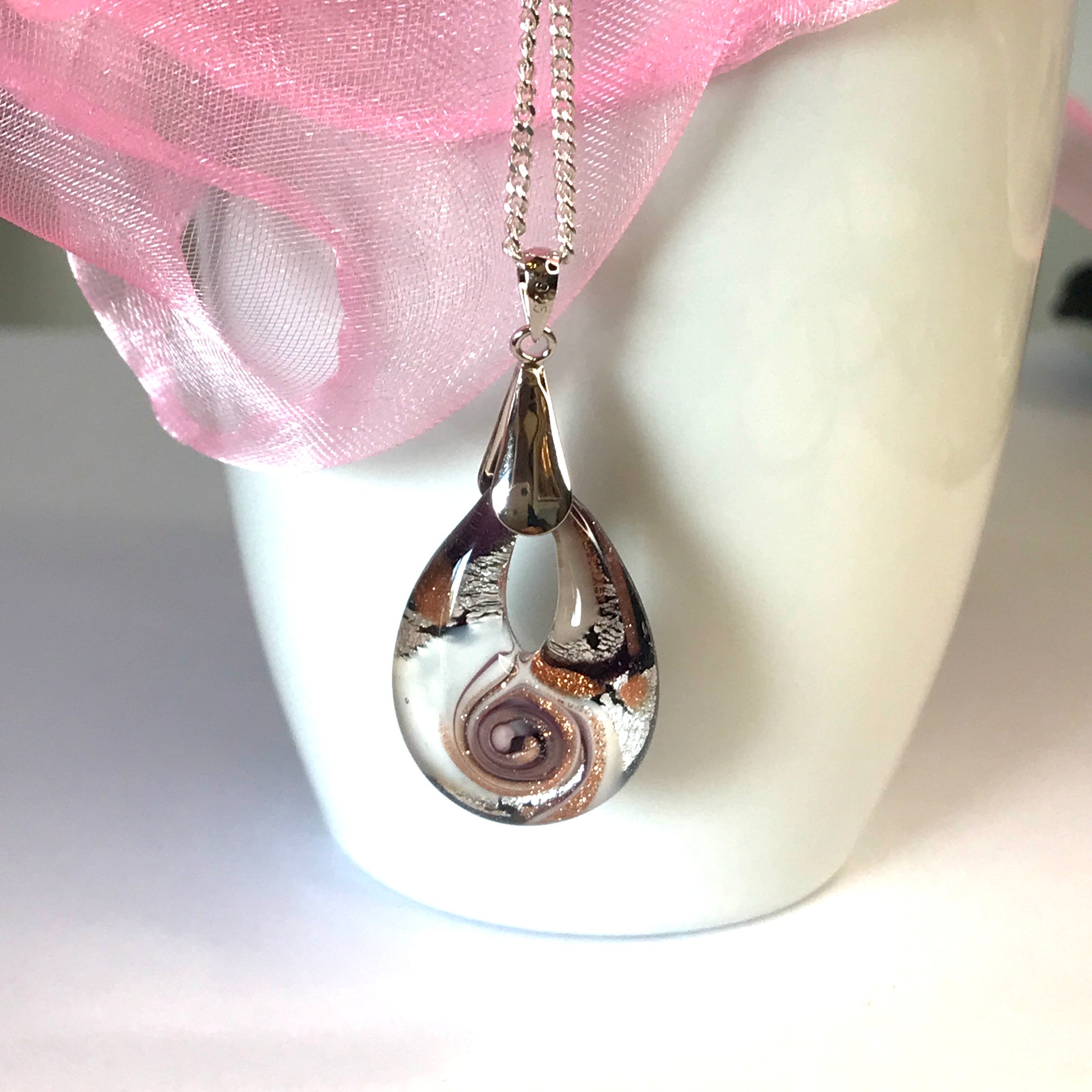 Real Murano glass necklace gold and white pendant teardrop pear shape