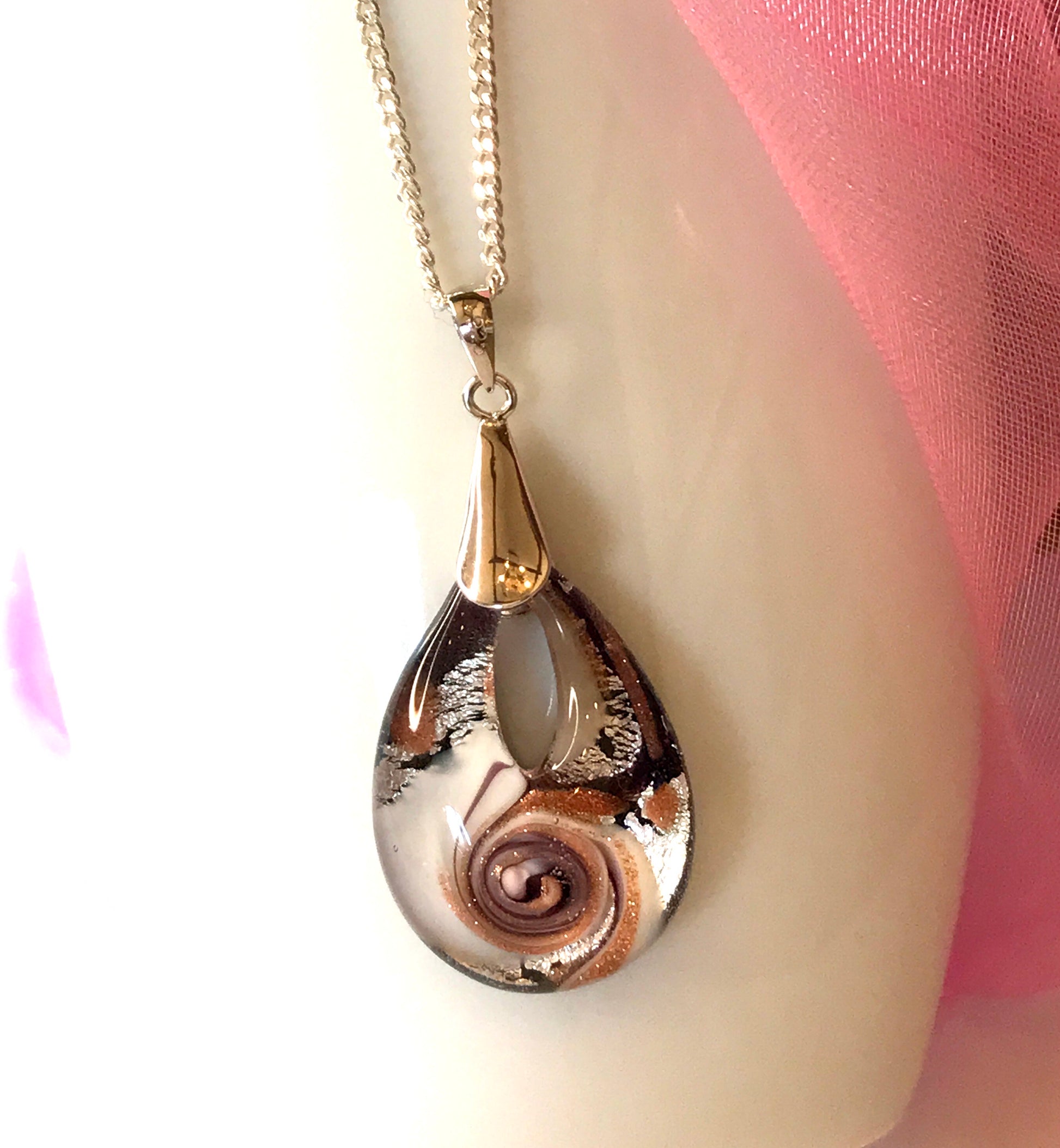 Real Murano glass necklace gold and white pendant teardrop pear shape