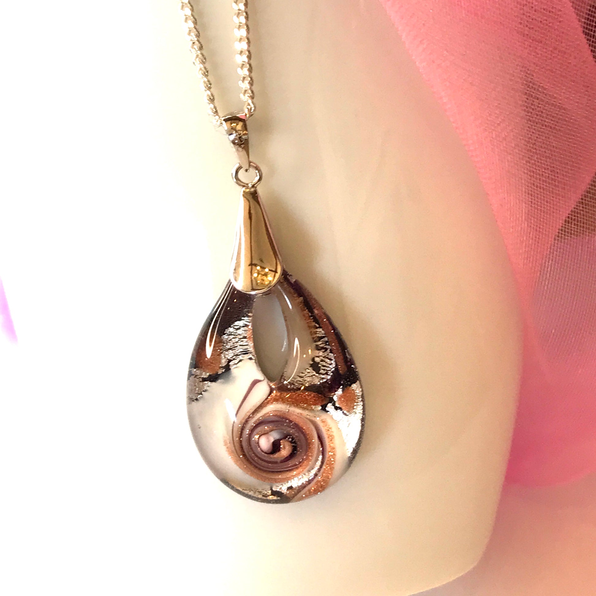 Real Murano glass necklace gold and white pendant teardrop pear shape