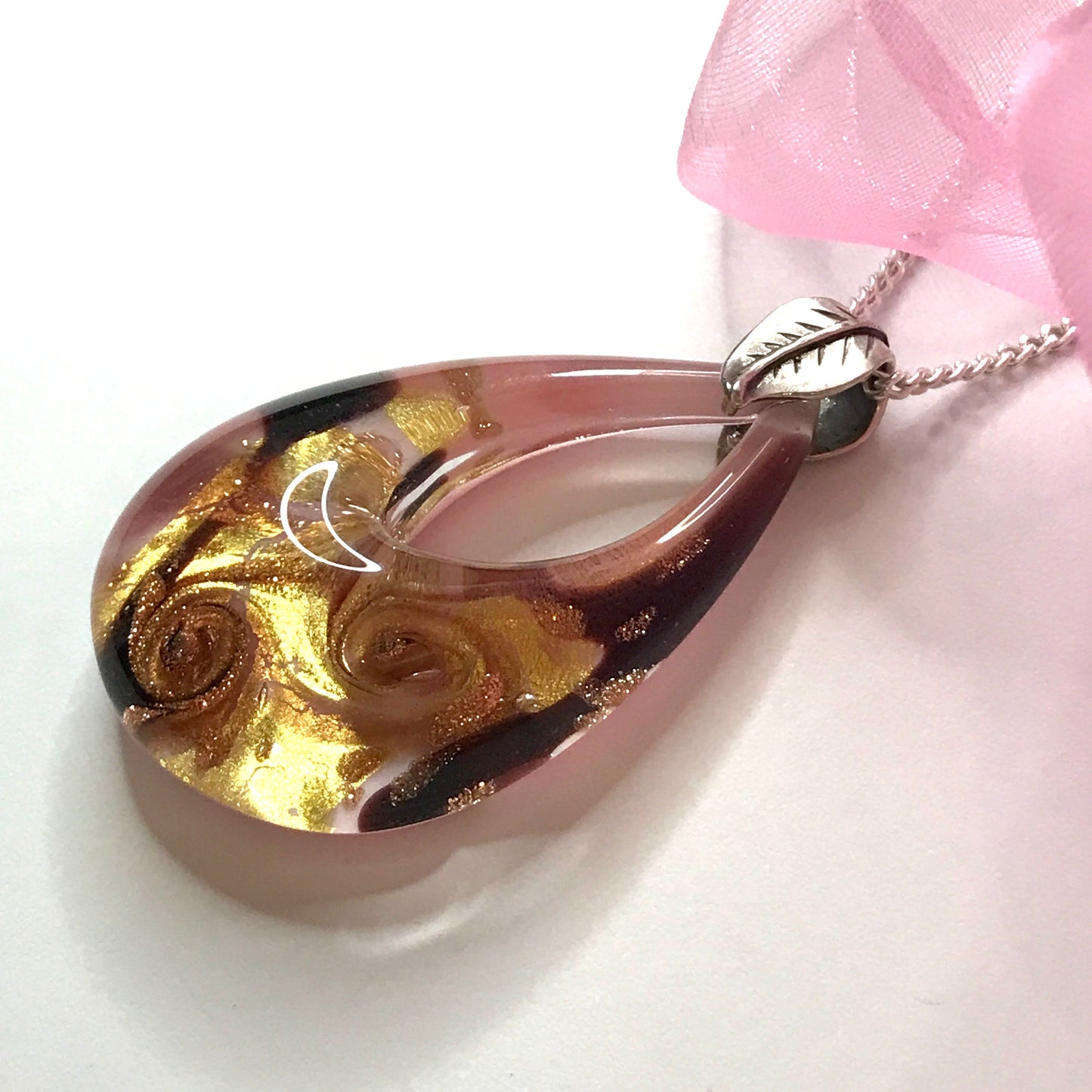 Real Murano glass necklace rose flower design tear drop pendant sterling silver with chain