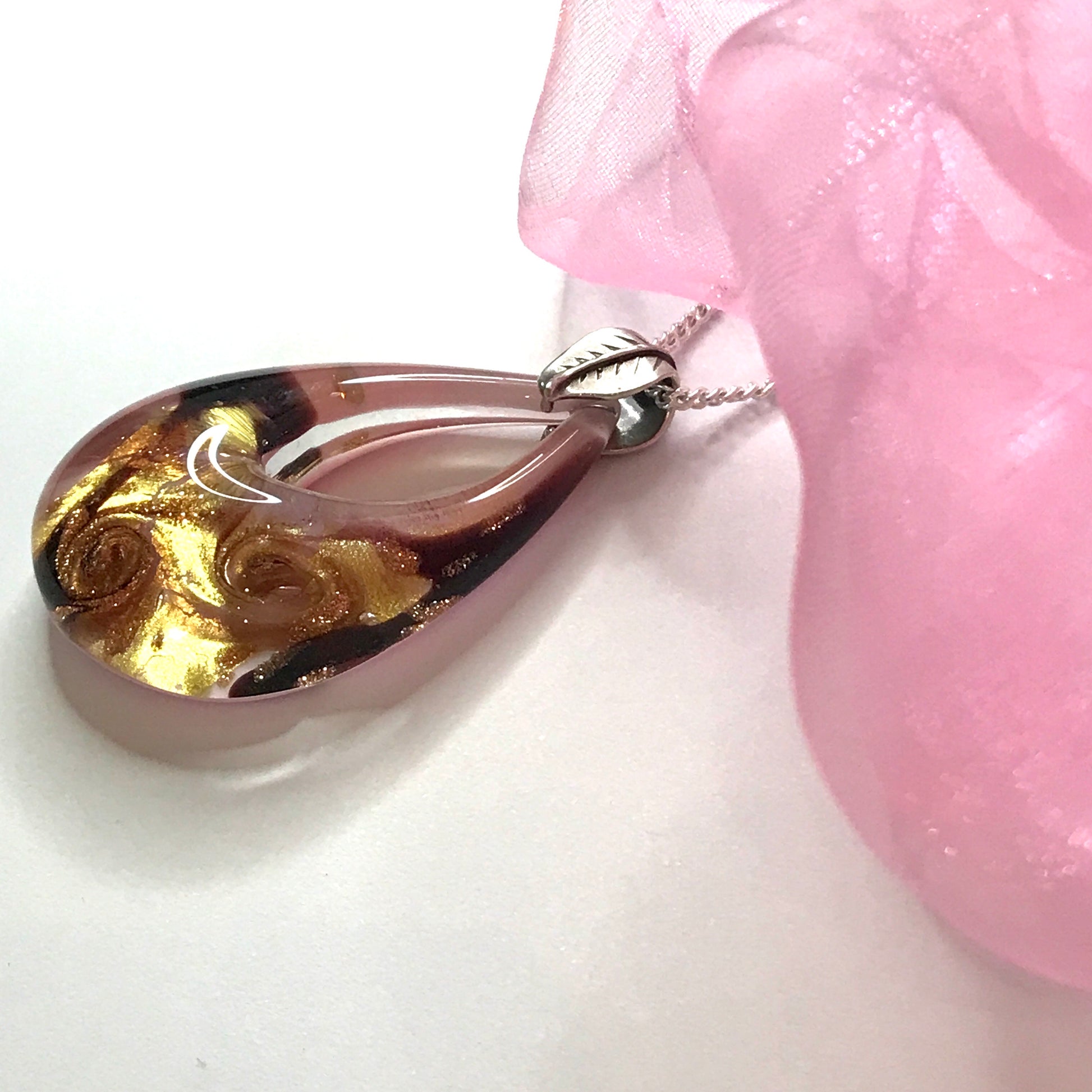 Real Murano glass necklace rose flower design tear drop pendant sterling silver with chain