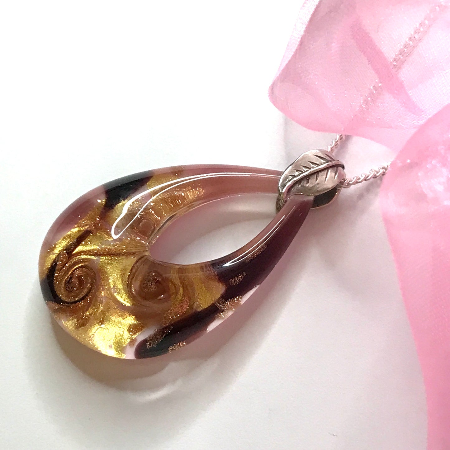 Real Murano glass necklace rose flower design tear drop pendant sterling silver with chain