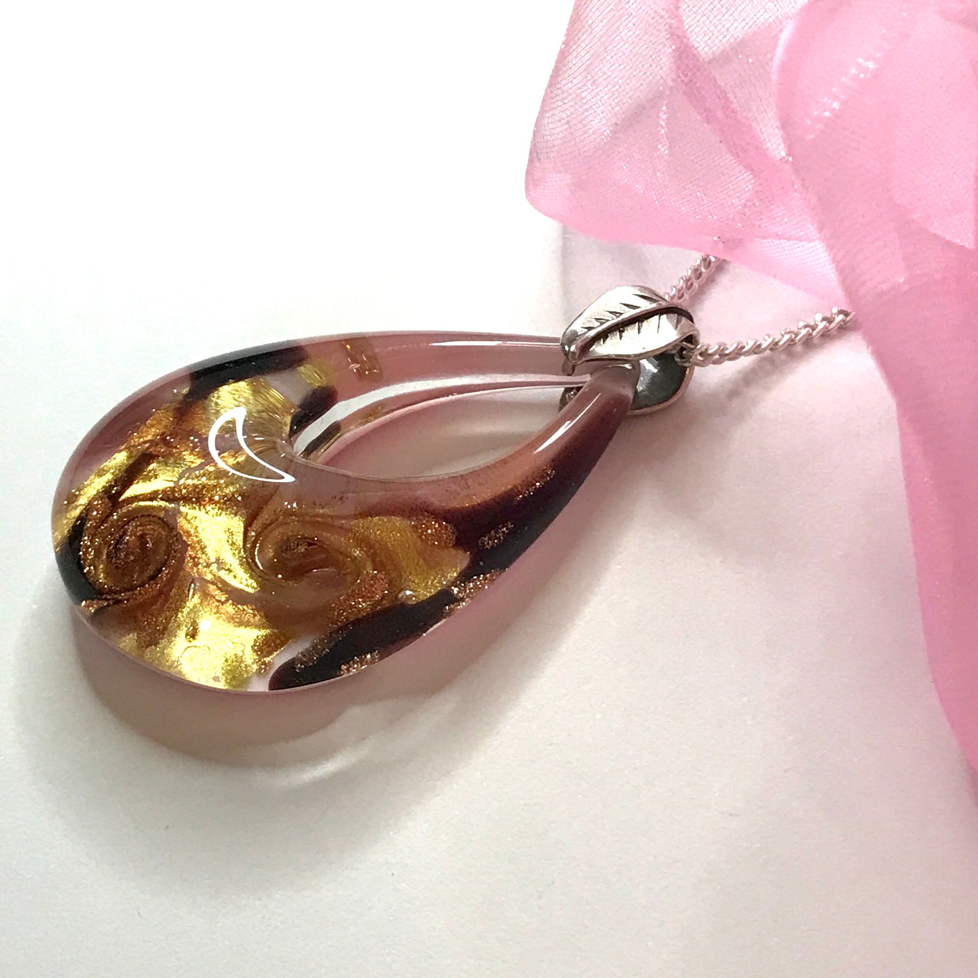 Real Murano glass necklace rose flower design tear drop pendant sterling silver with chain