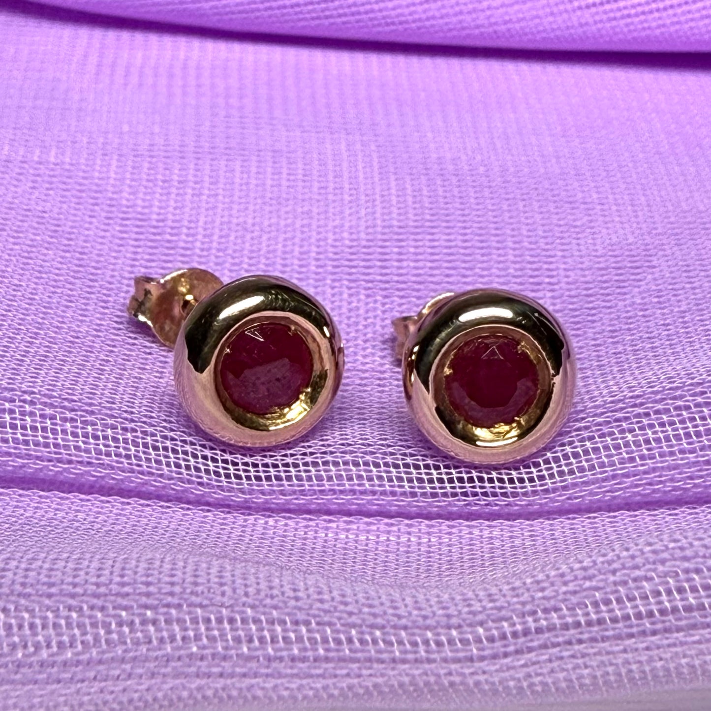 Real Red Ruby Round Stud Earrings 9 carat Yellow Gold