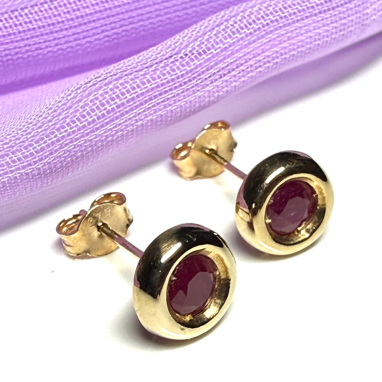Real Red Ruby Round Stud Earrings 9 carat Yellow Gold