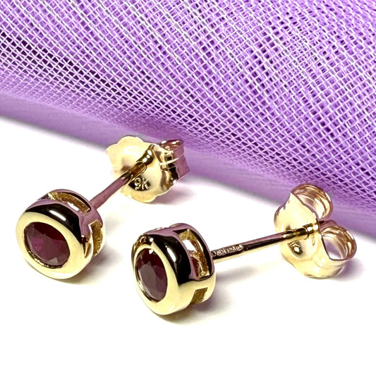 Real Red Ruby Stud Earrings 9ct Yellow Gold – Round Cut 4.5mm | July Birthstone Gift