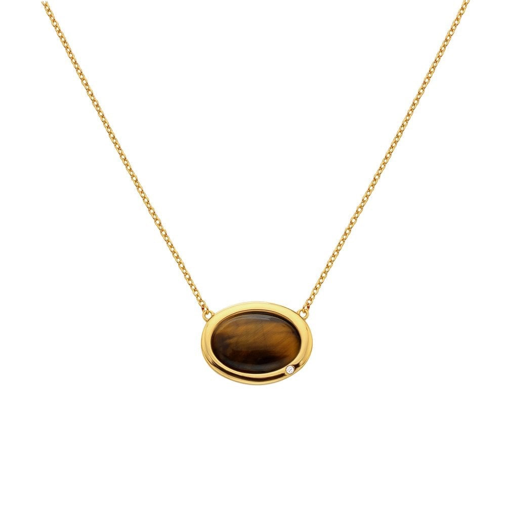 Real Tiger Eye oval shaped necklace sterling silver gold plated