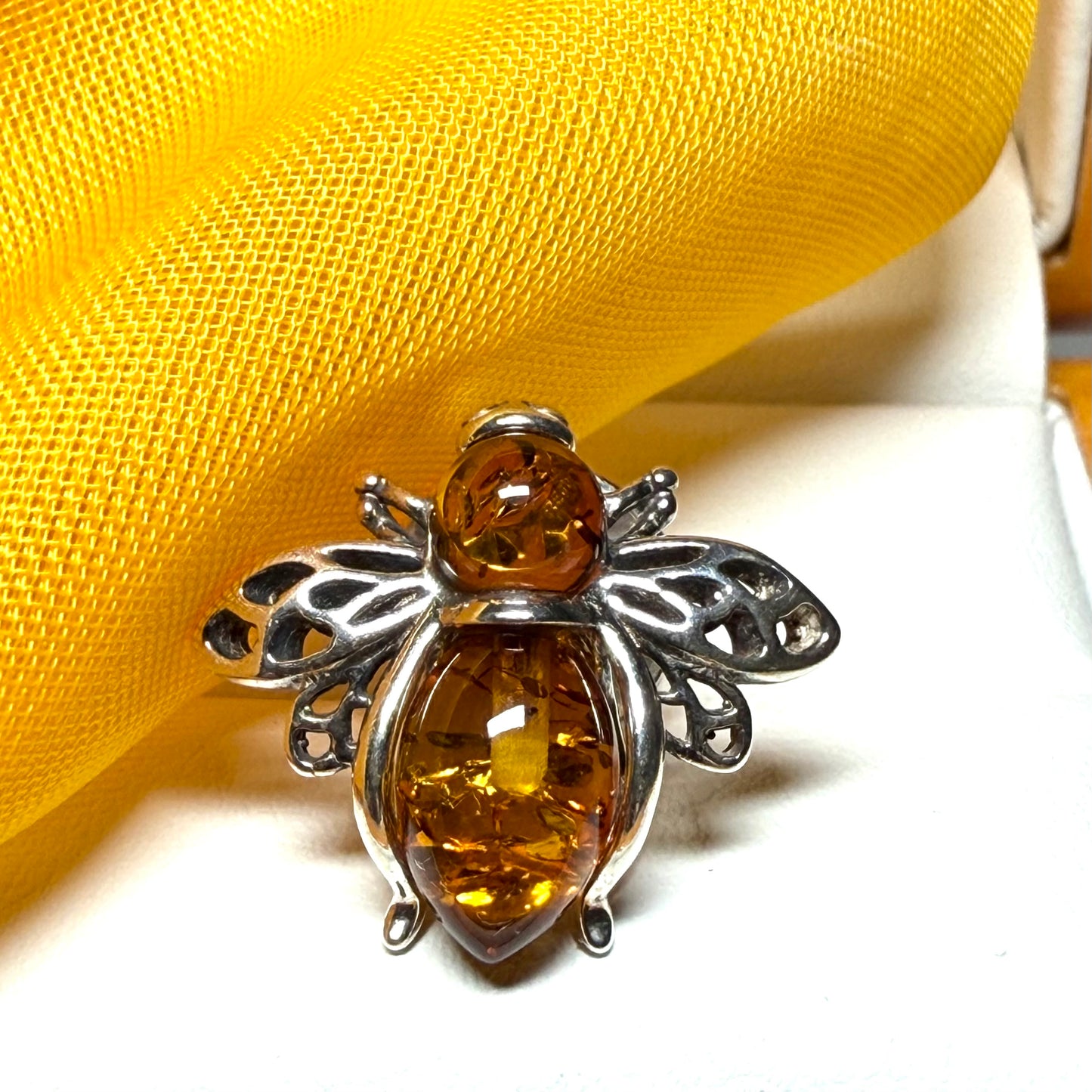 Real amber bee brooch sterling silver orange