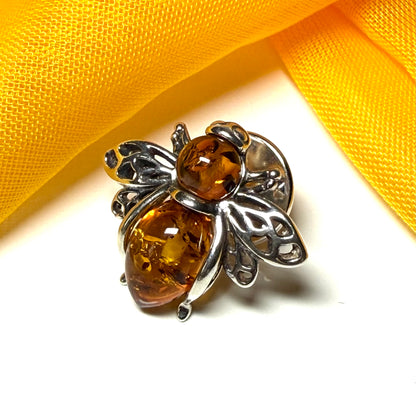 Real amber bee brooch sterling silver orange