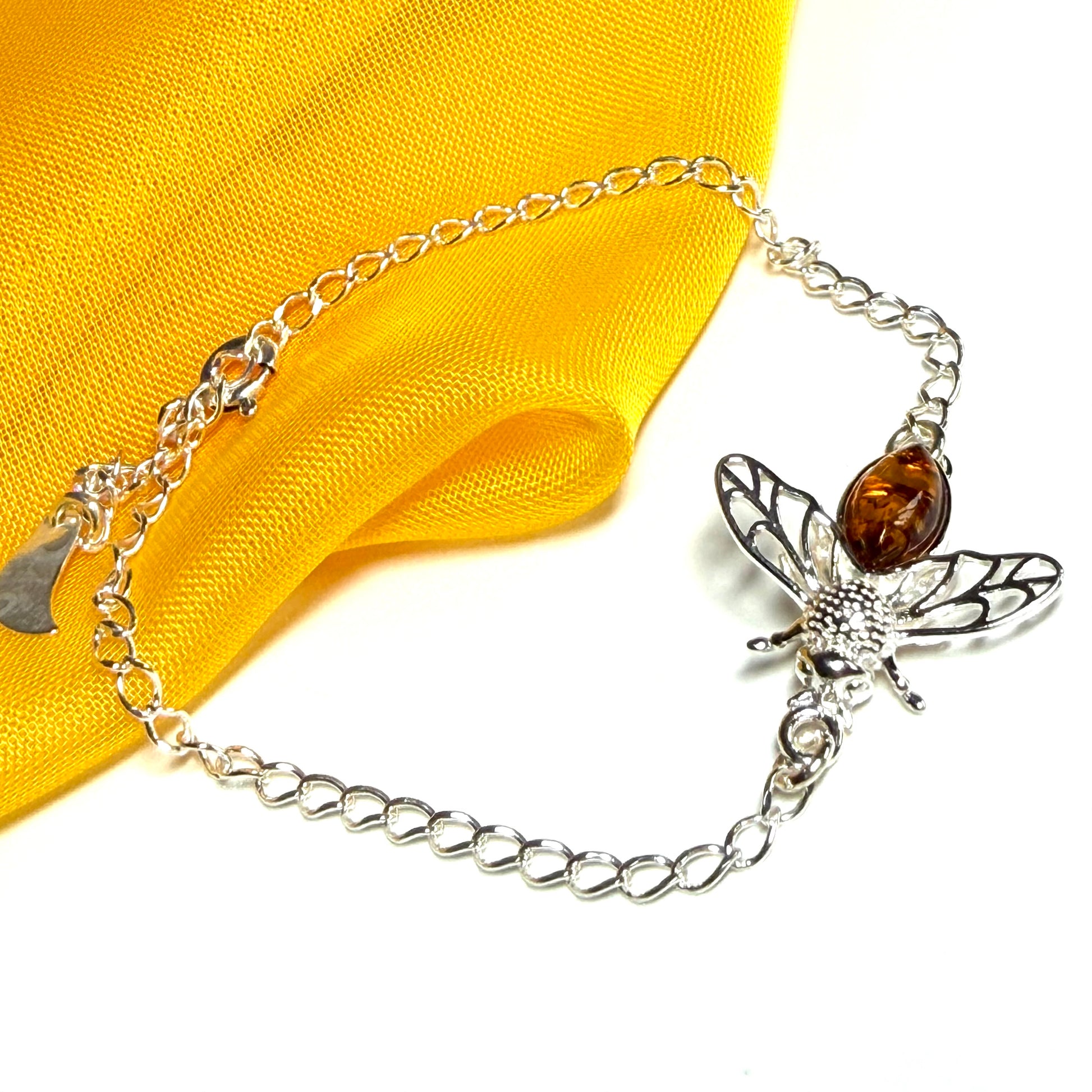Orange real amber bumble bee bracelet sterling silver