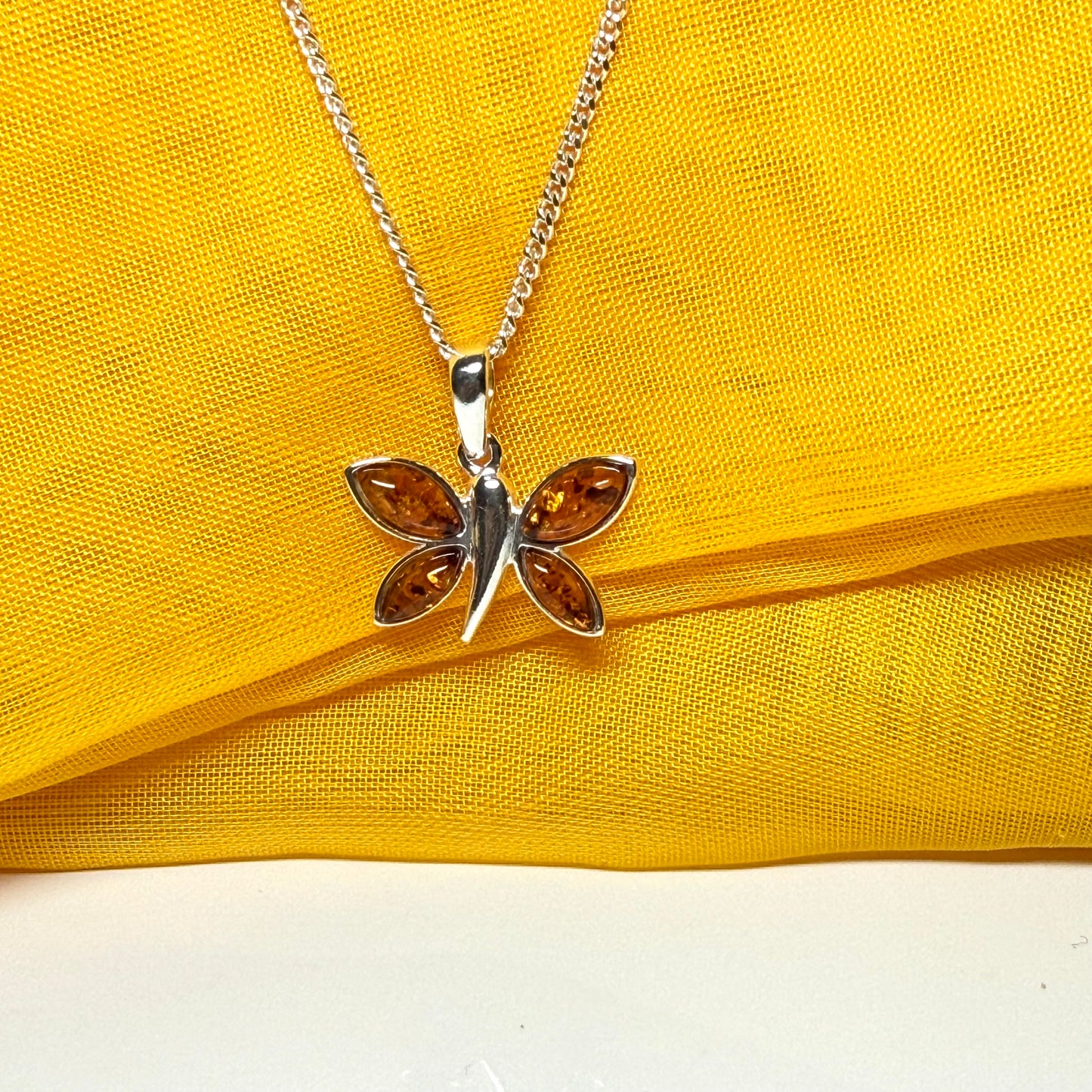 Real amber butterfly shaped necklace sterling silver pendant with chain