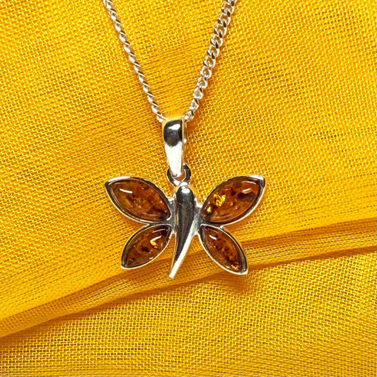 Real amber butterfly shaped necklace sterling silver pendant