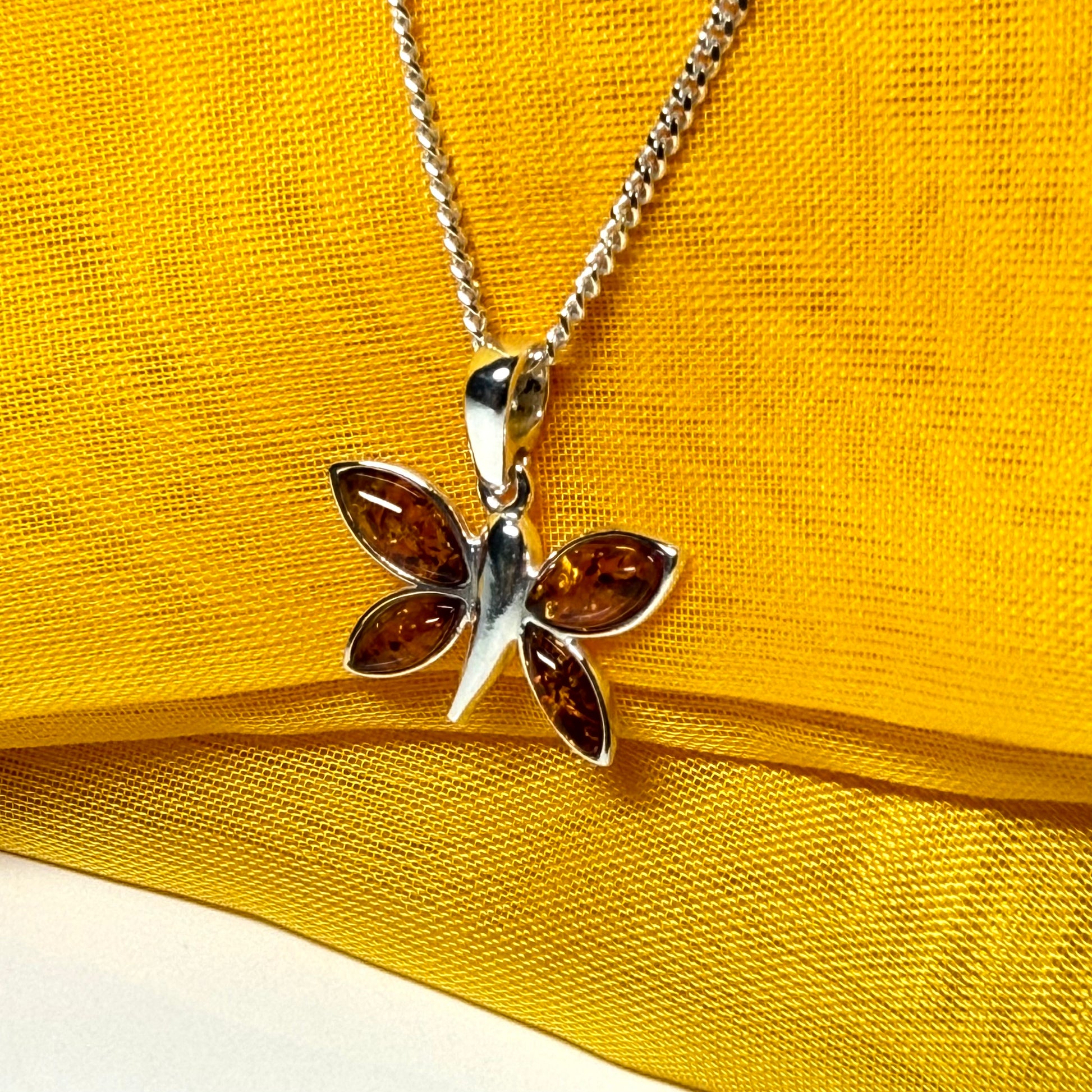 Real amber butterfly shaped necklace sterling silver pendant with chain
