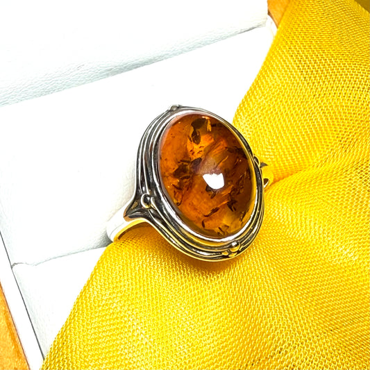 Real amber dress cocktail ring sterling silver oval shape open fancy scrolled shoulders