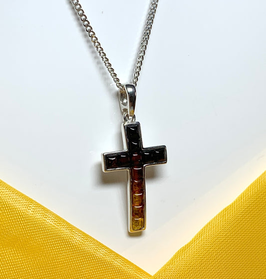 Real amber cross necklace sterling silver pendant