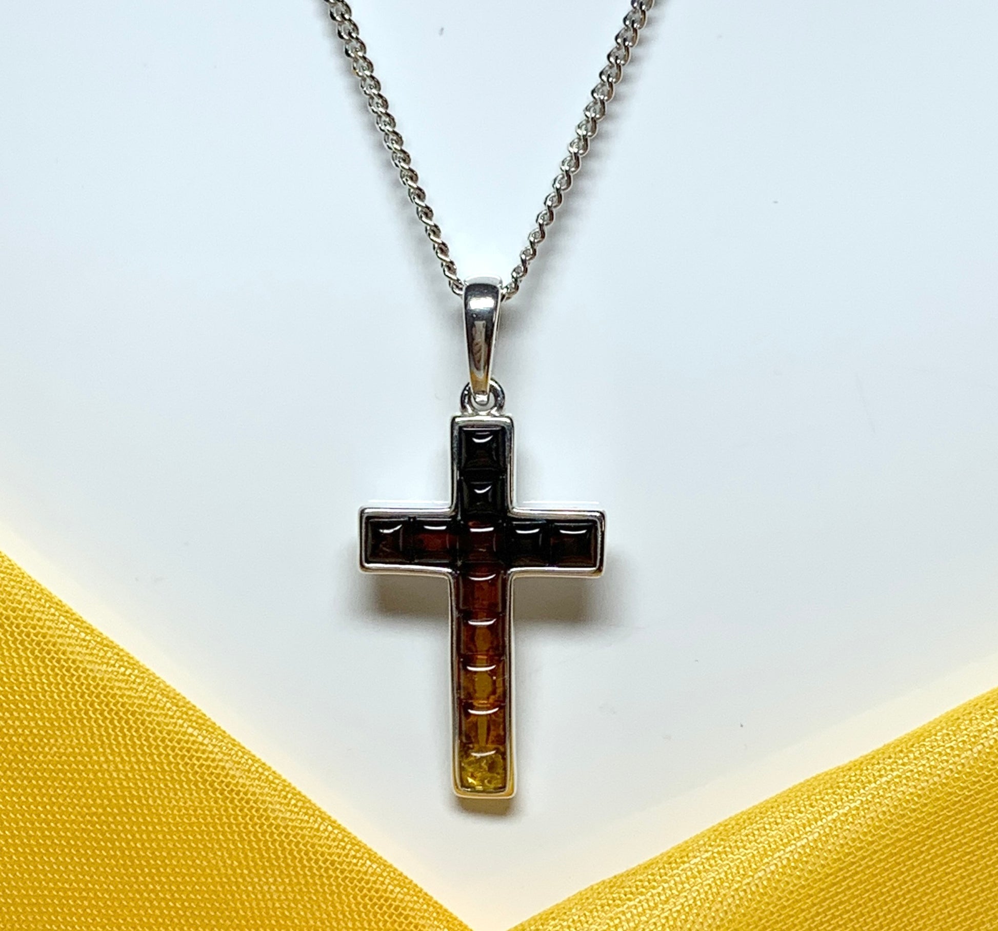 Real amber cross necklace sterling silver pendant