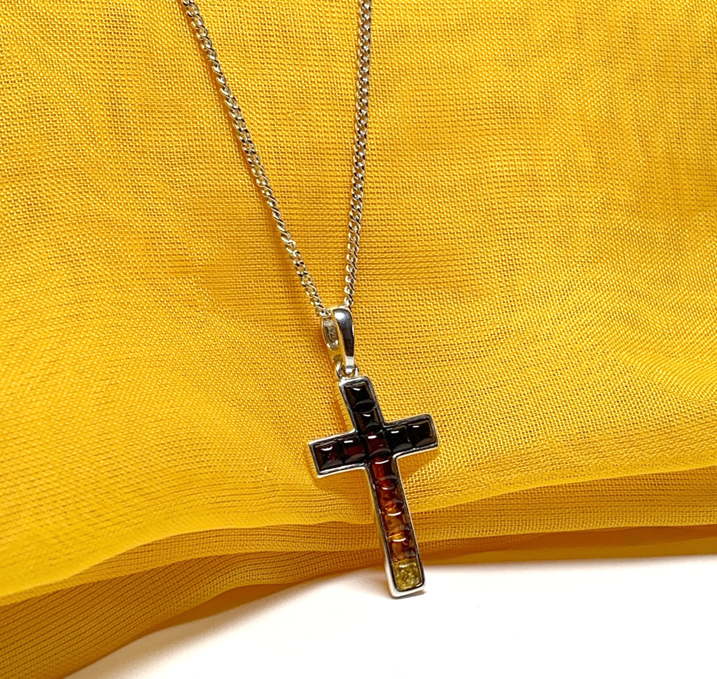 Real amber cross necklace sterling silver pendant