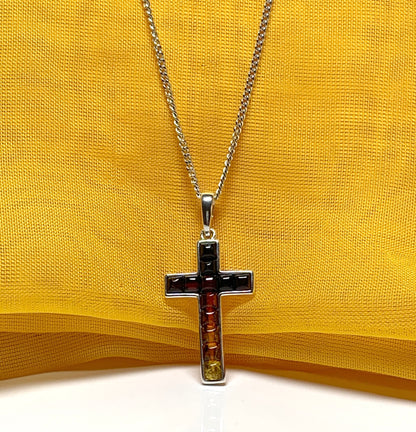 Real amber cross necklace sterling silver pendant