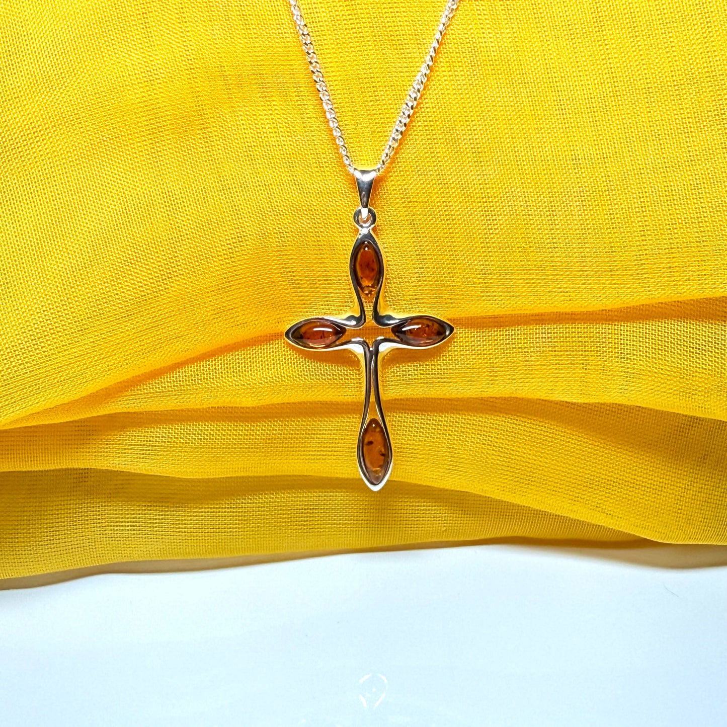 Real amber cross necklace sterling silver pendant