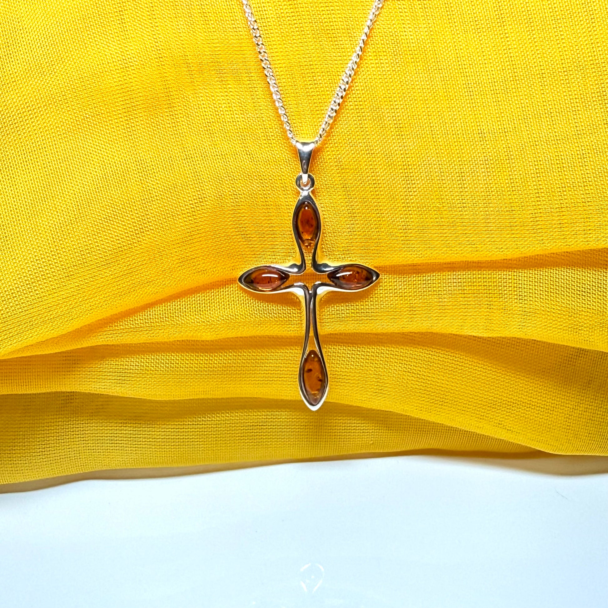 Real amber cross necklace sterling silver pendant