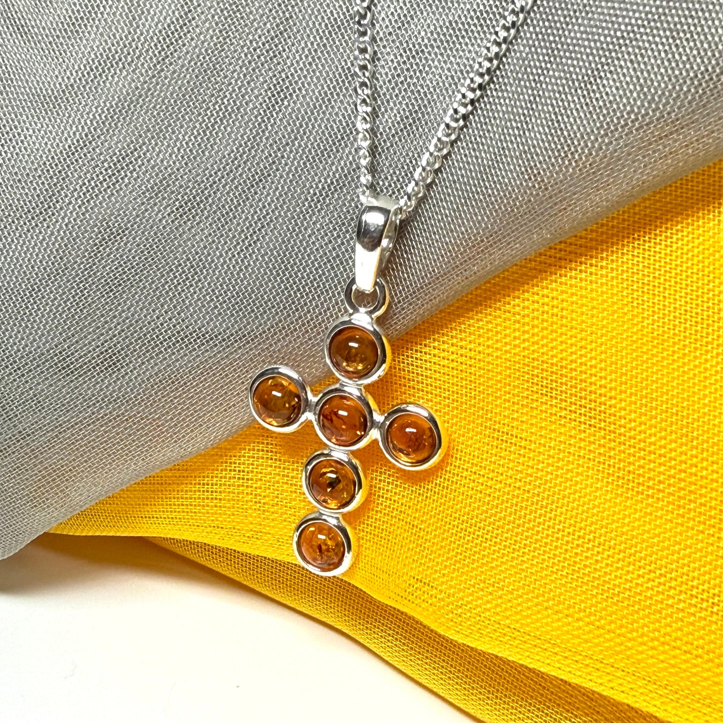 Real amber cross necklace sterling silver pendant