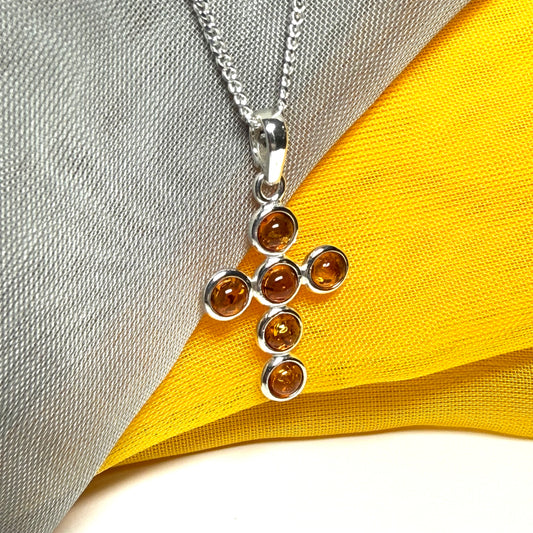 Real amber cross necklace sterling silver pendant with chain