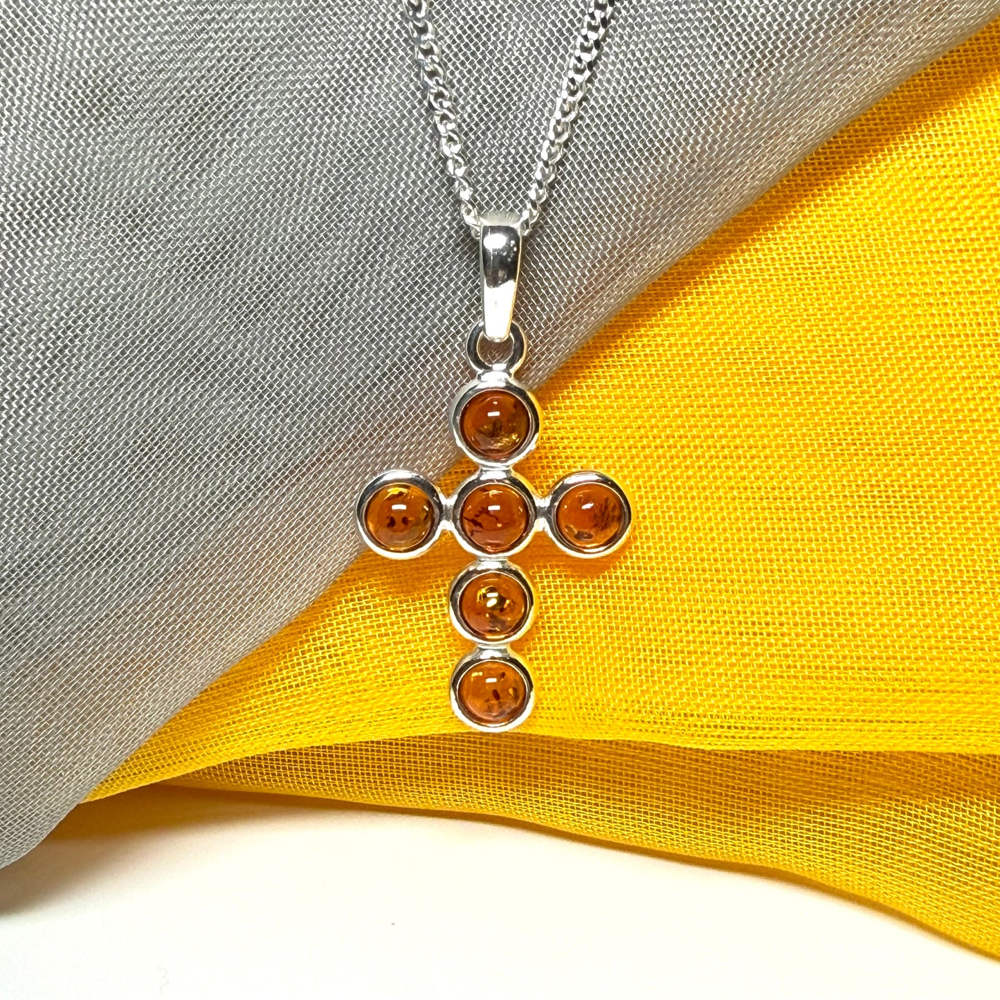 Real amber cross necklace sterling silver pendant with chain included