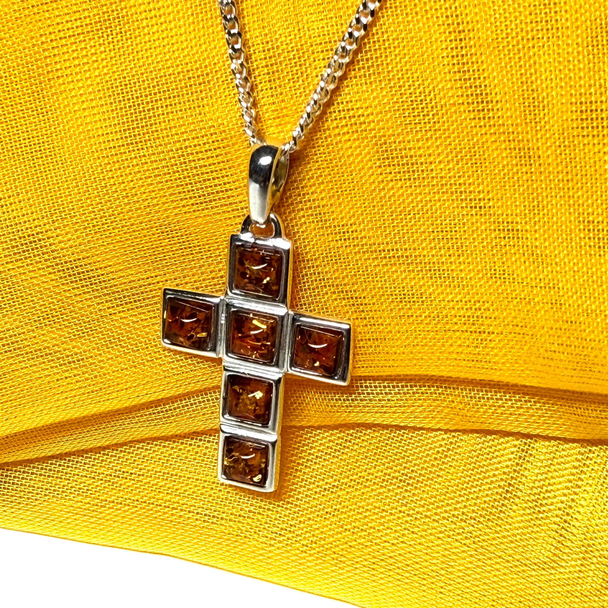 Real amber cross necklace sterling silver square pendant