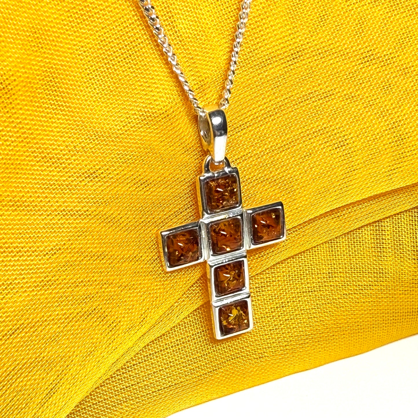 Real amber cross necklace sterling silver square pendant with chain