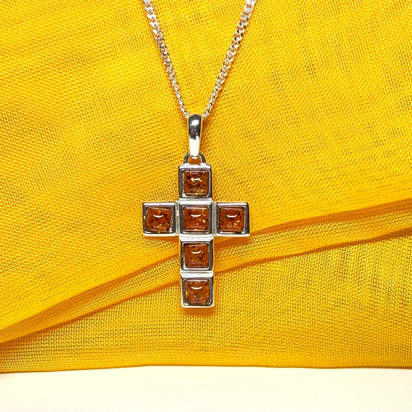 Real amber cross necklace sterling silver square pendant with chain