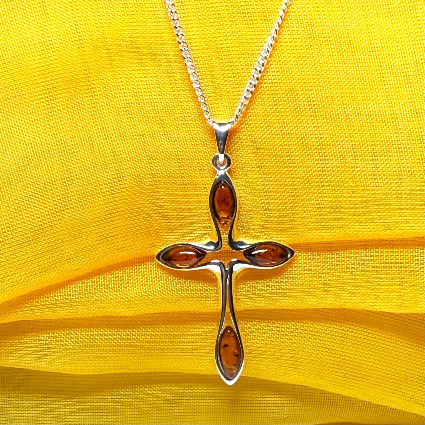 Real amber cross necklace sterling silver pendant