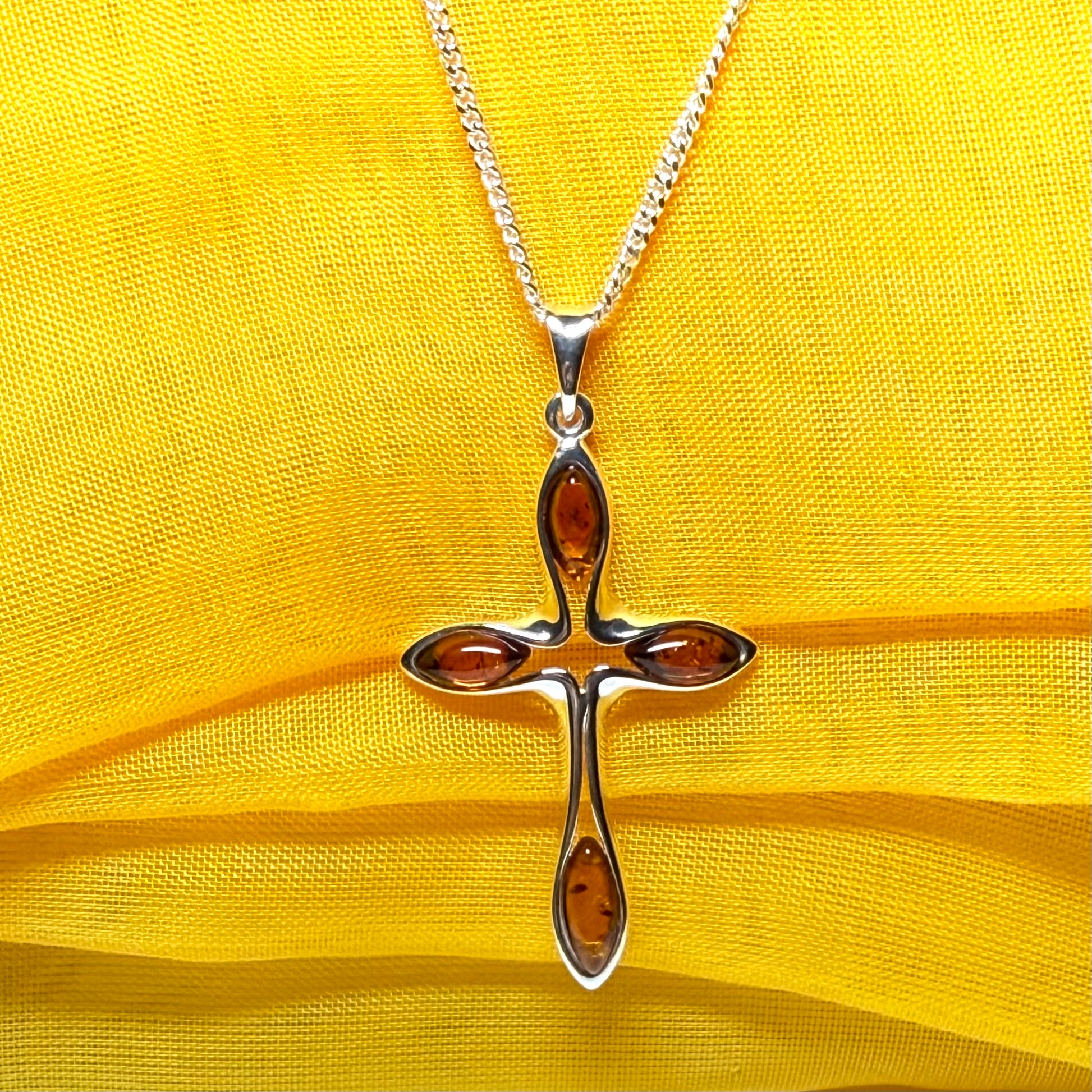 Real amber cross necklace sterling silver pendant