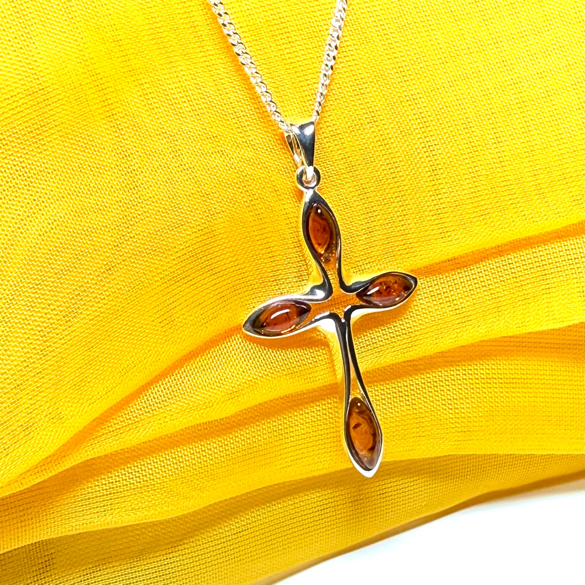 Real amber cross necklace sterling silver pendant