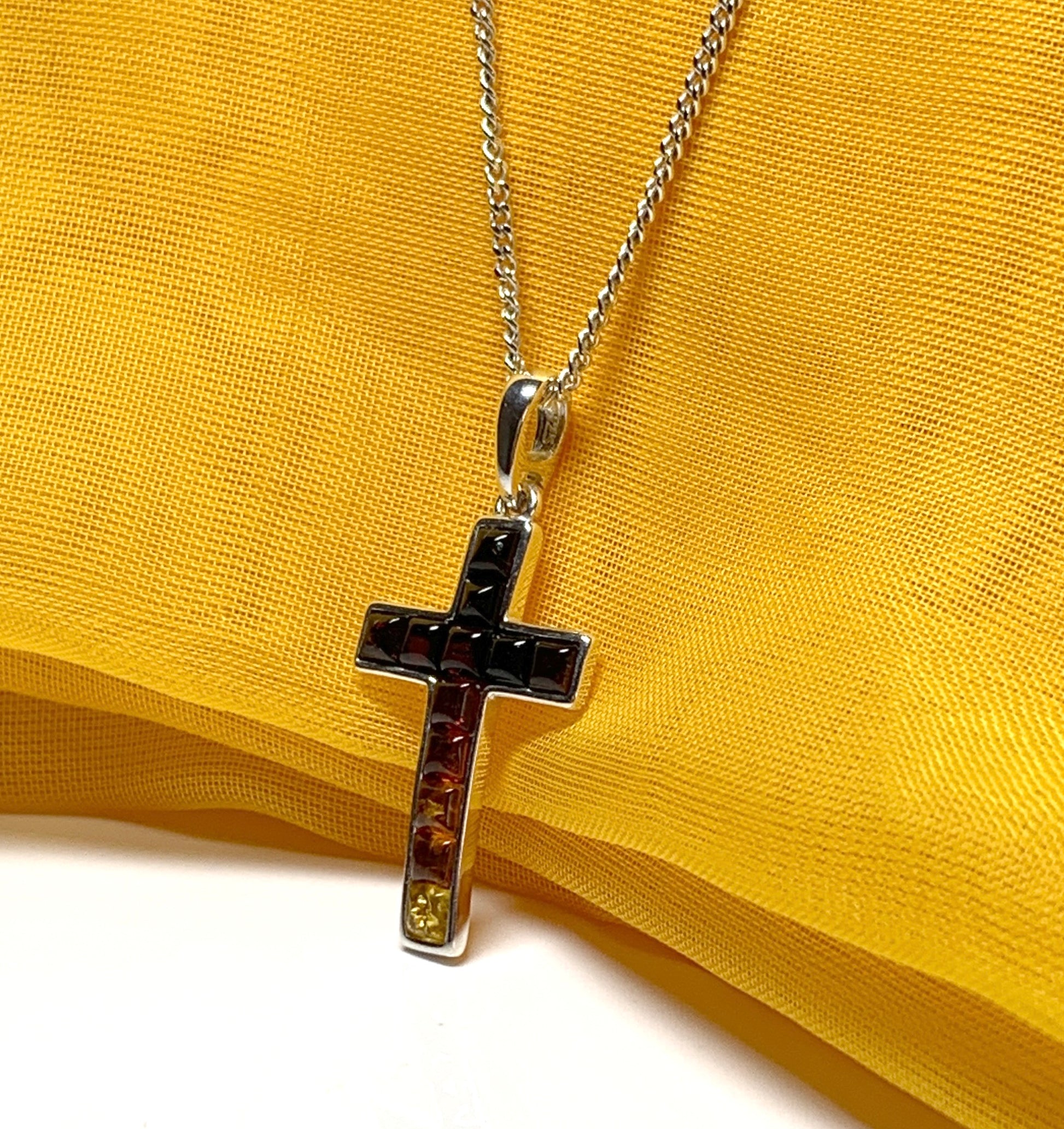 Real amber cross necklace sterling silver pendant