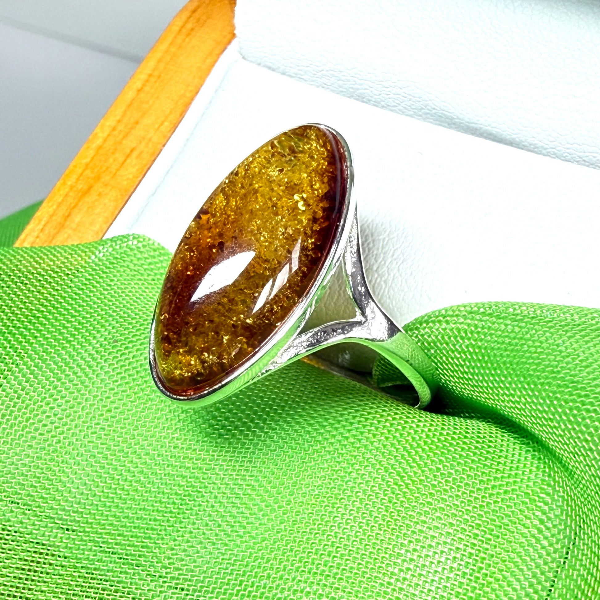 Real amber dress cocktail ring sterling silver oval shaped having open shoulders