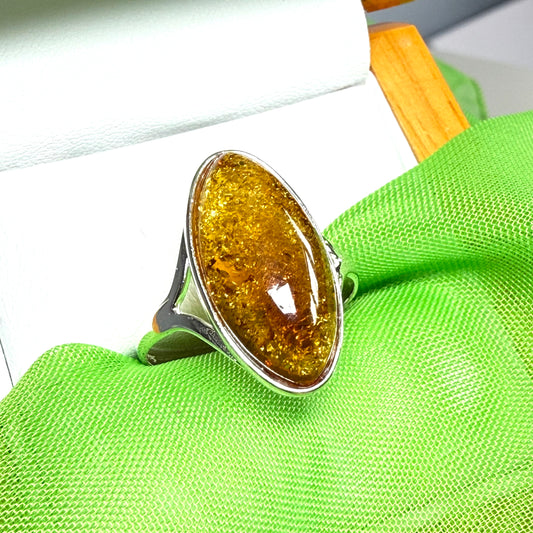 Real amber dress cocktail ring sterling silver oval shaped having open shoulders