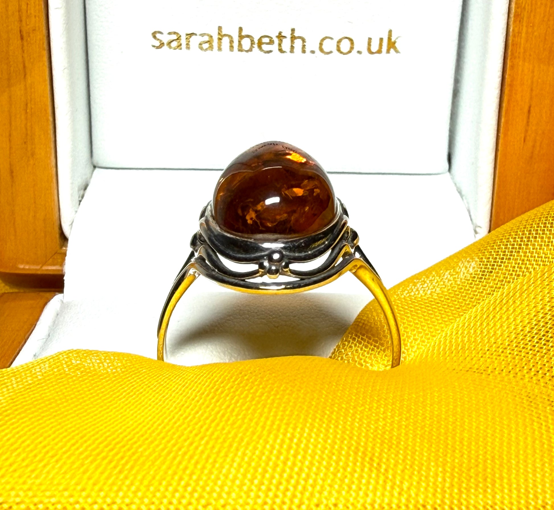 Real amber dress cocktail ring sterling silver oval shape open fancy scrolled shoulders