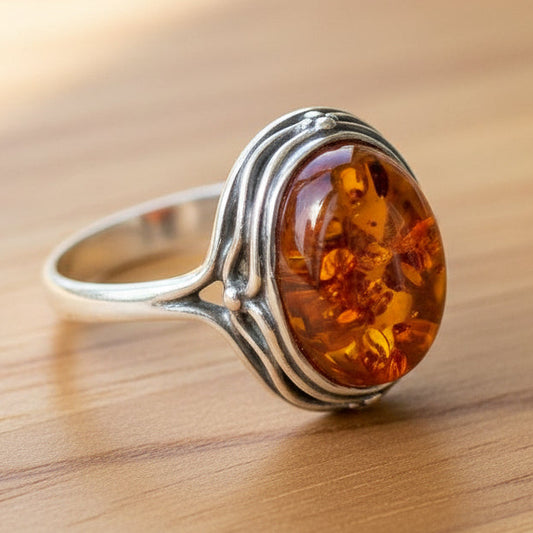Real amber dress cocktail ring sterling silver oval shape open fancy scrolled shoulders