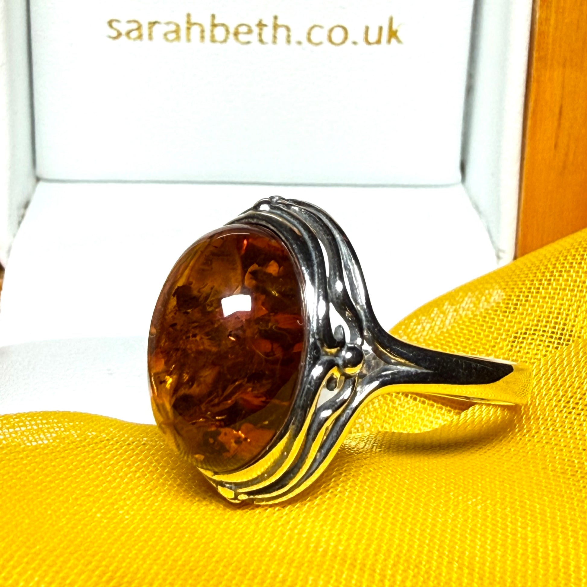 Real amber dress cocktail ring sterling silver oval shape open fancy scrolled shoulders