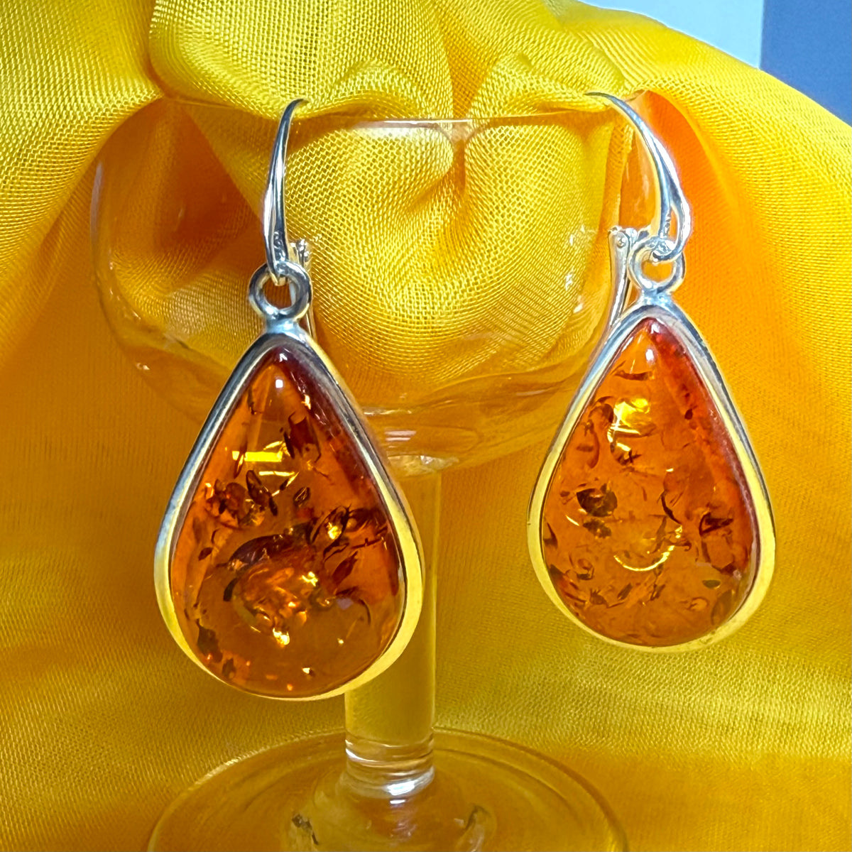 Real amber drop earrings pear shape sterling silver continental wire fittings