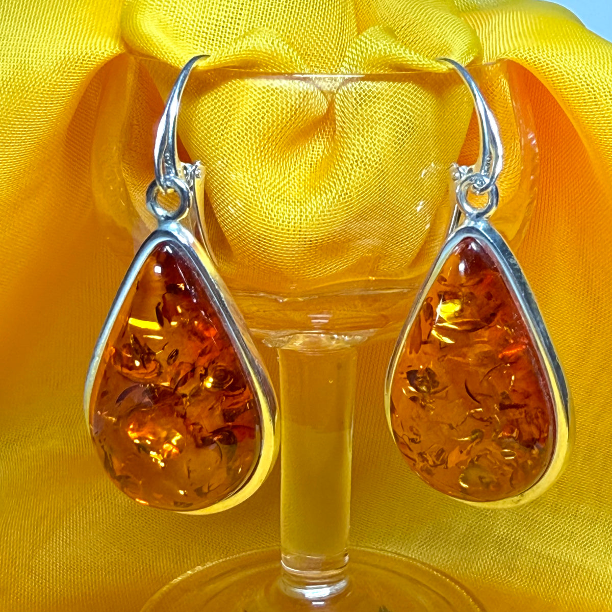Real amber drop earrings pear shape sterling silver continental wire fittings