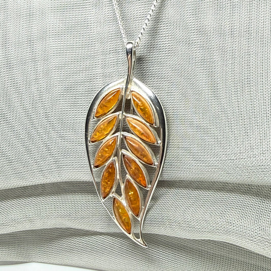 Real amber leaf necklace pendant sterling silver