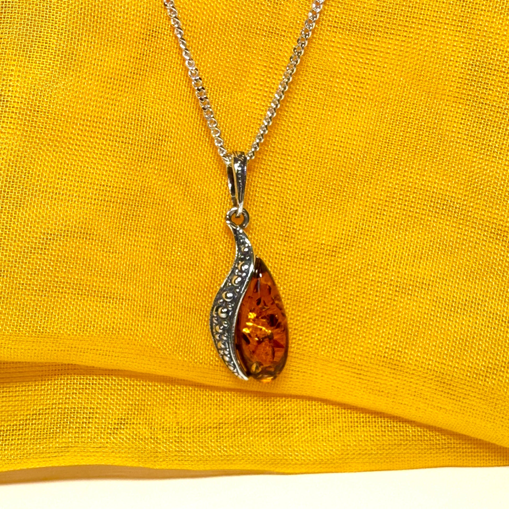 Real amber necklace sterling silver fancy dropped pendant