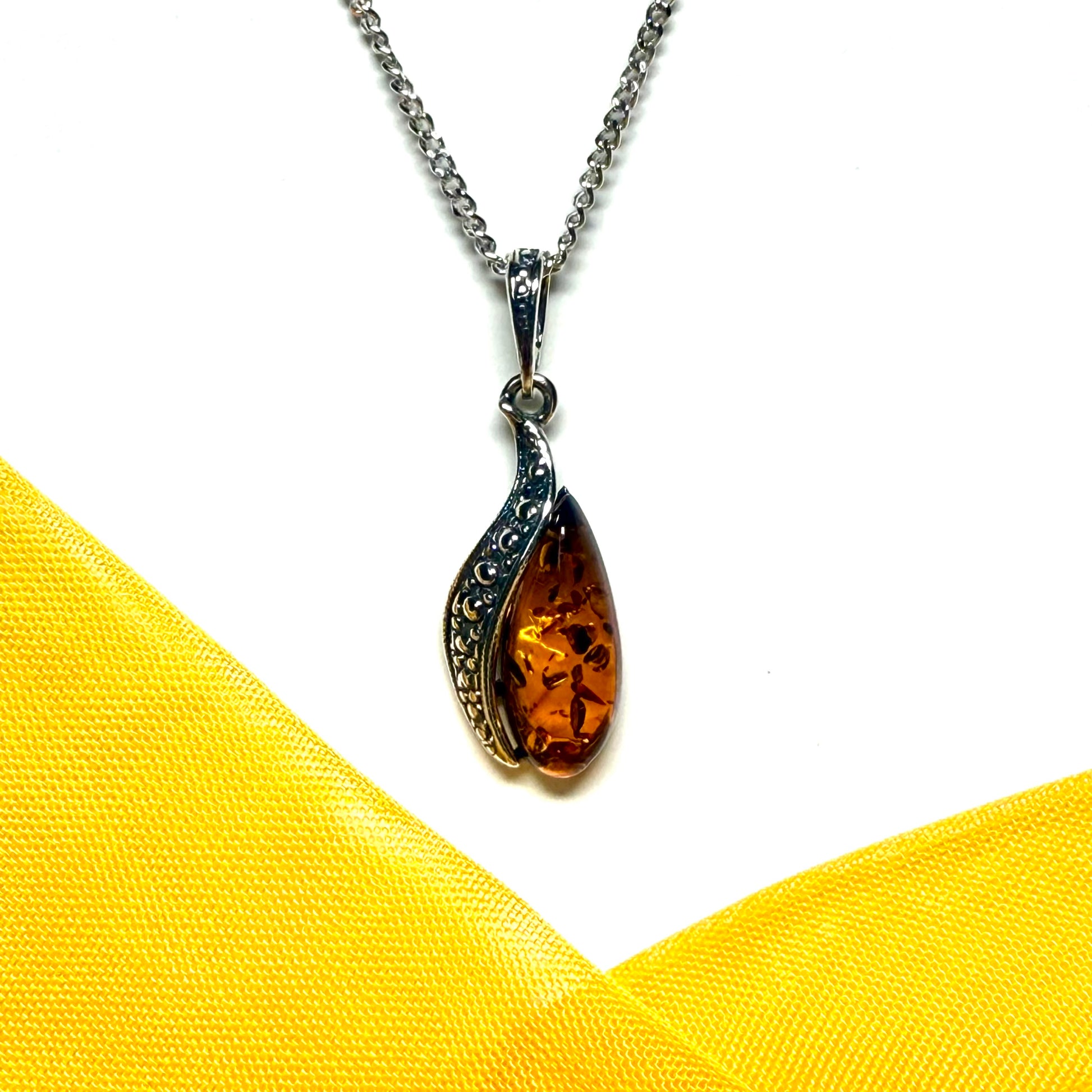 Real amber necklace sterling silver fancy dropped pendant