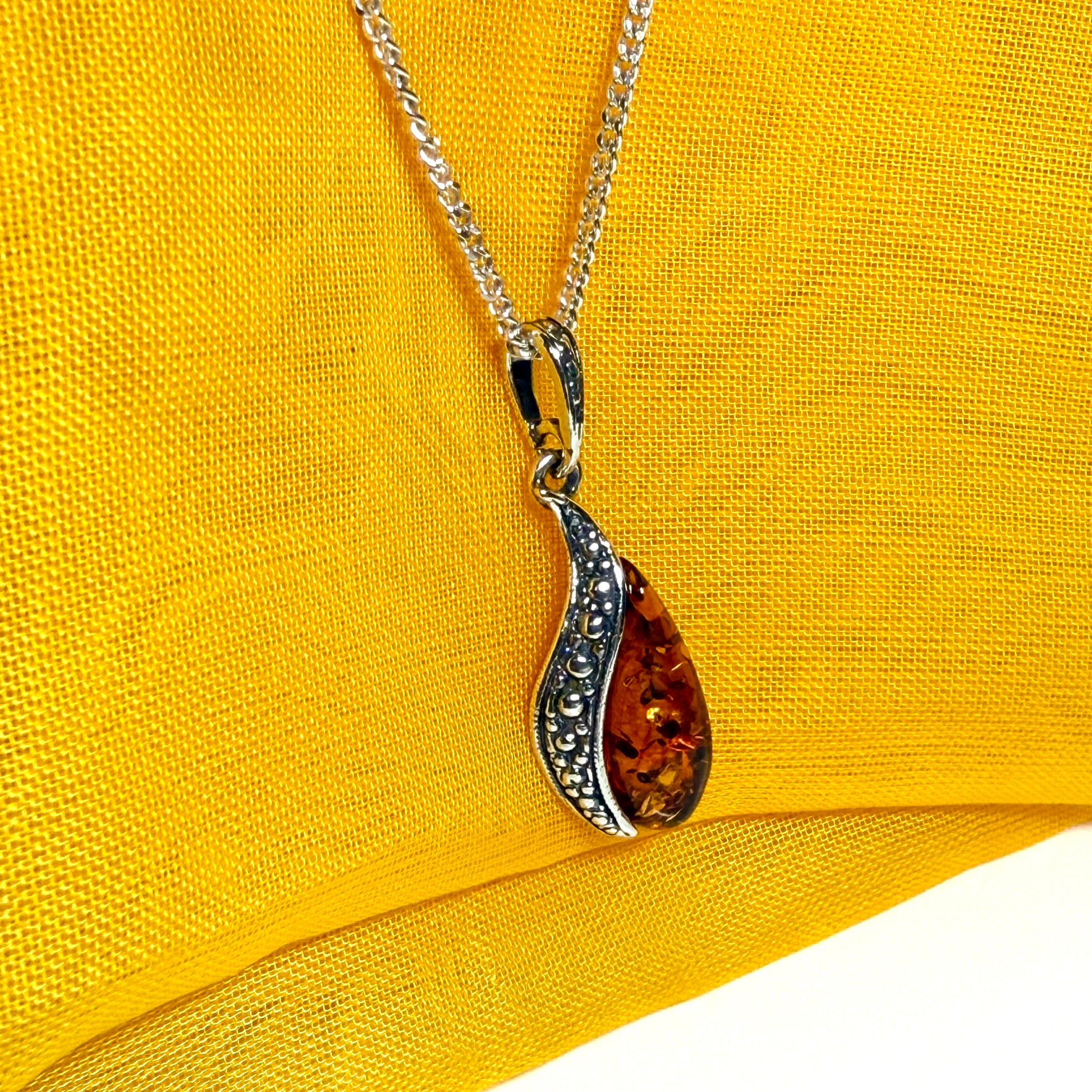 Real amber necklace sterling silver fancy dropped pendant