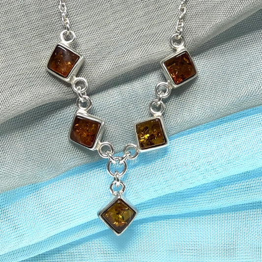 Real amber necklace sterling silver five stone drop pendant