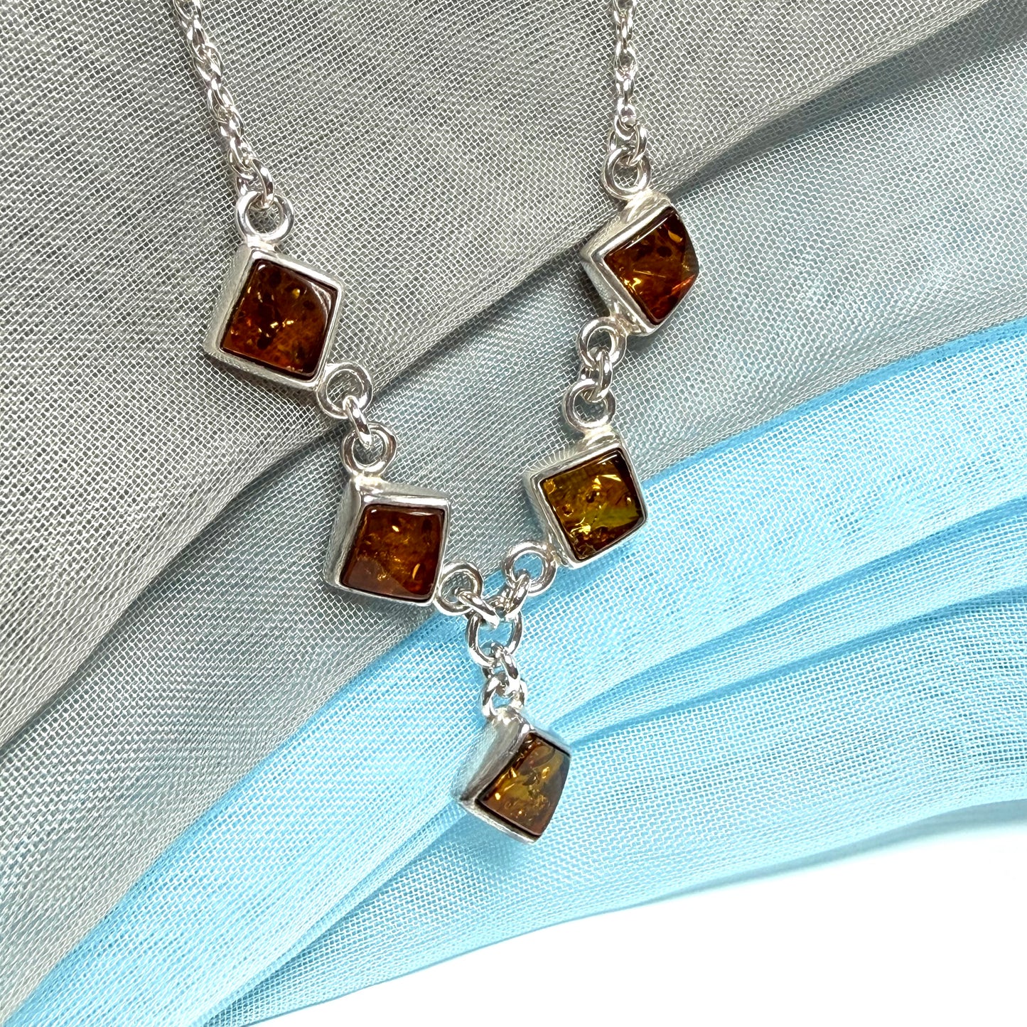 Real amber necklace sterling silver five stone drop pendant