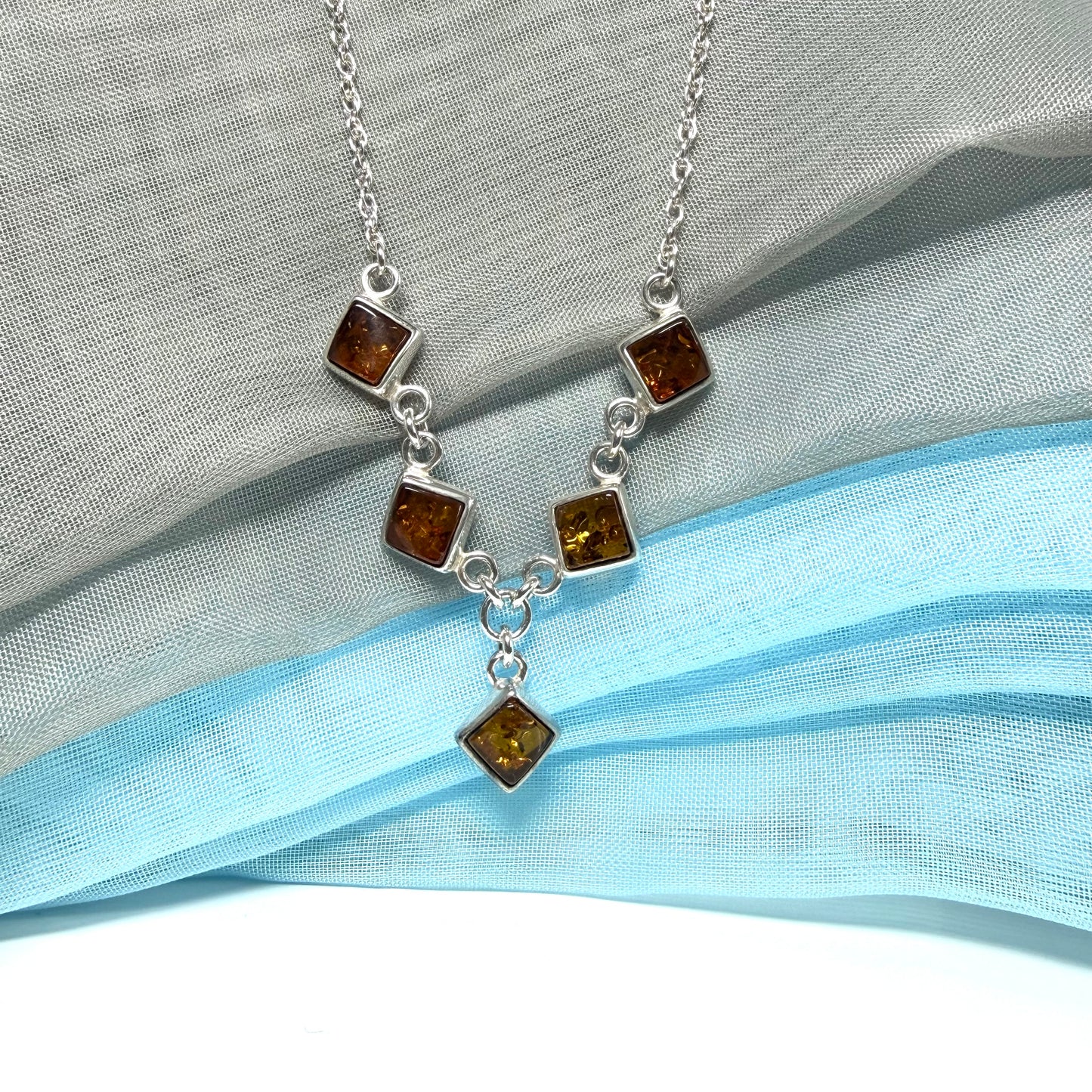 Real amber necklace sterling silver five stone drop pendant