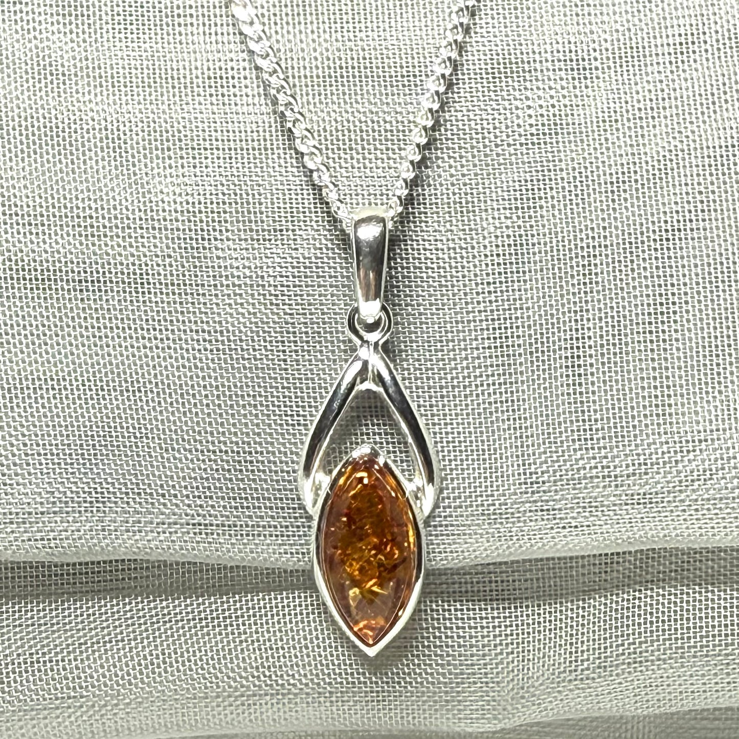 Real amber necklace sterling silver marquise shaped open pendant