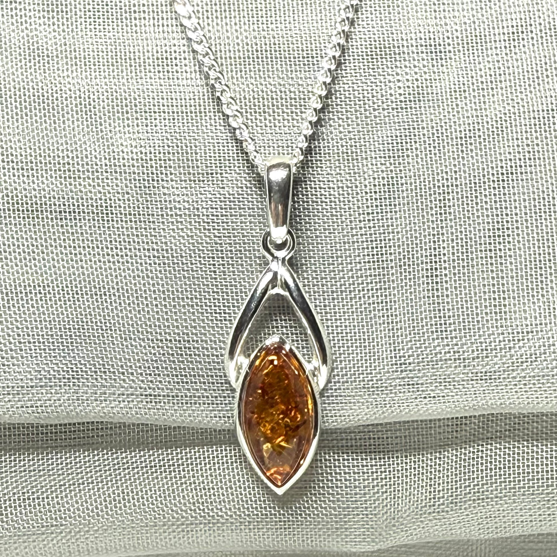 Real amber necklace sterling silver marquise shaped open pendant